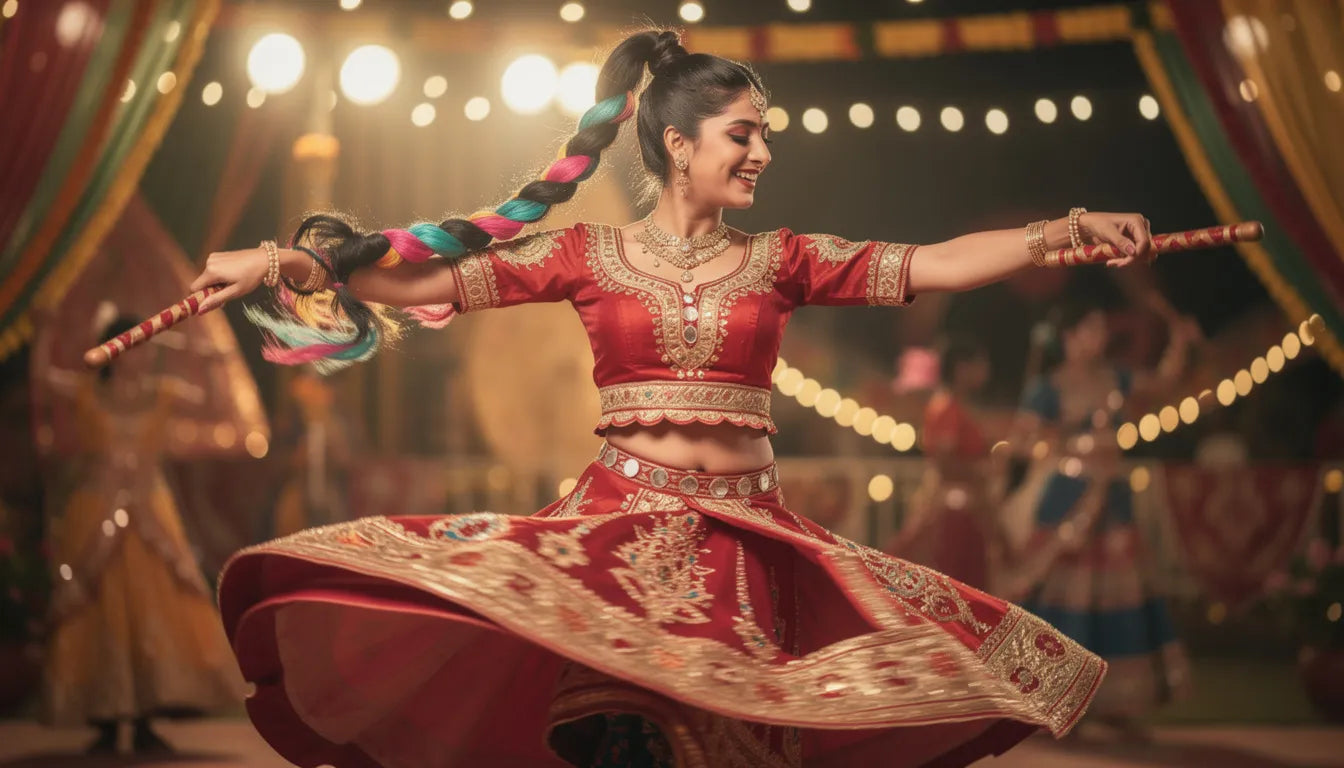 Navratri hairstyles with extensions — Indian woman with braided ponytail and colourful streaks at garba night 2026 | Hair Extensions Luxe