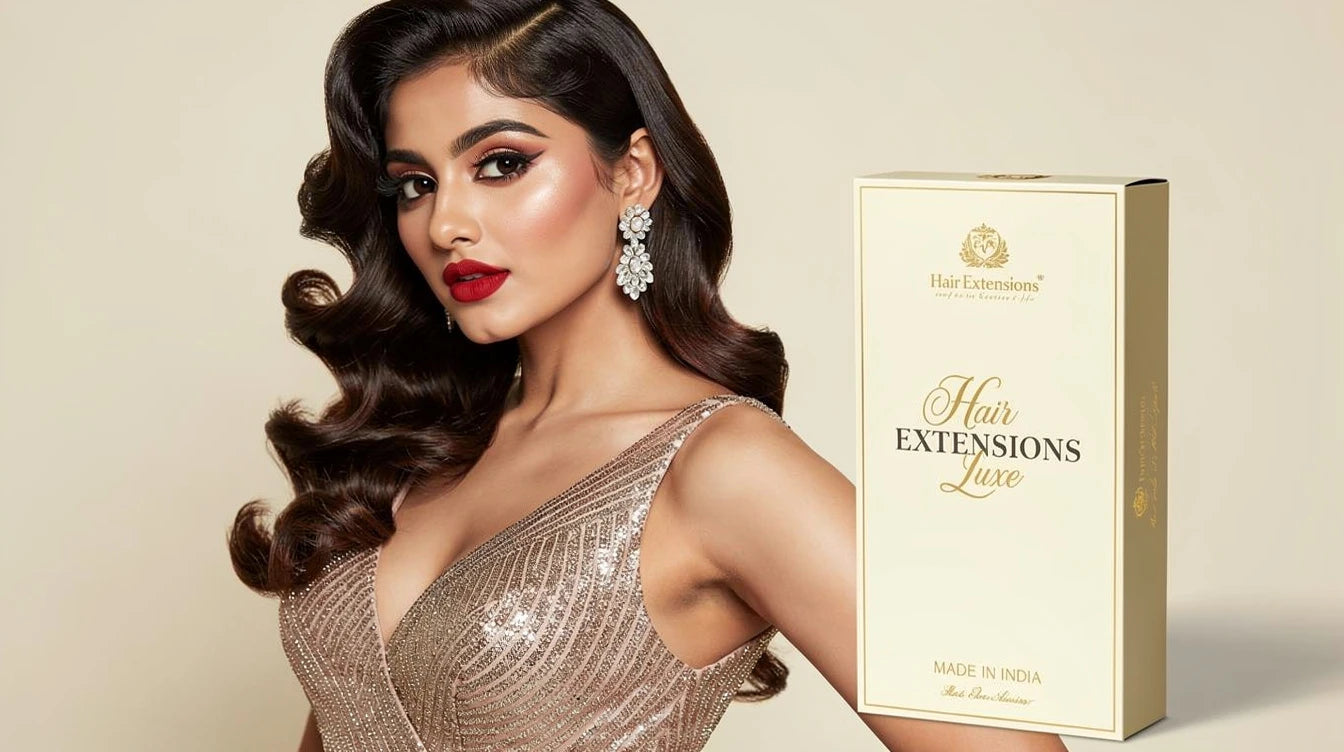Indian woman with Hollywood Glam Cascade for New Year's Eve party, Hair Extensions Luxe Made in India