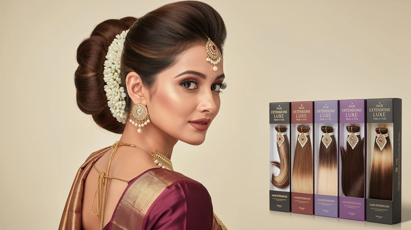 Indian woman with Traditional Low Gajra Bun with Crown Lift for saree styling, Hair Extensions Luxe Made in India