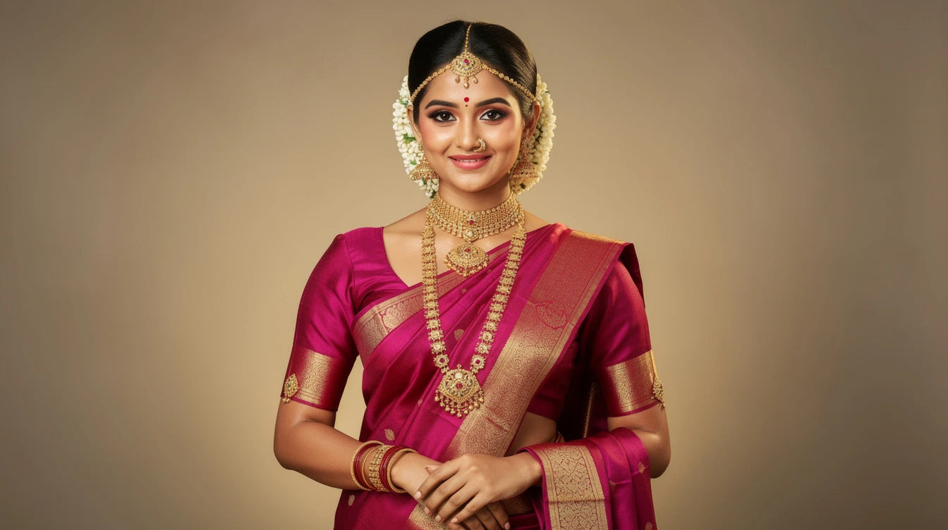 South Indian hairstyles with extensions for saree — voluminous jasmine gajra bun with Kanjeevaram silk saree | Hair Extensions Luxe
