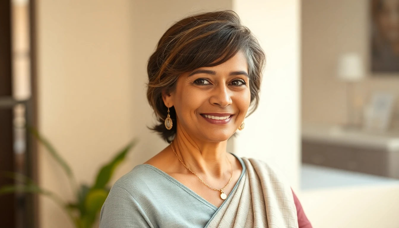 Midlife woman wearing a natural topper for menopausal thinning