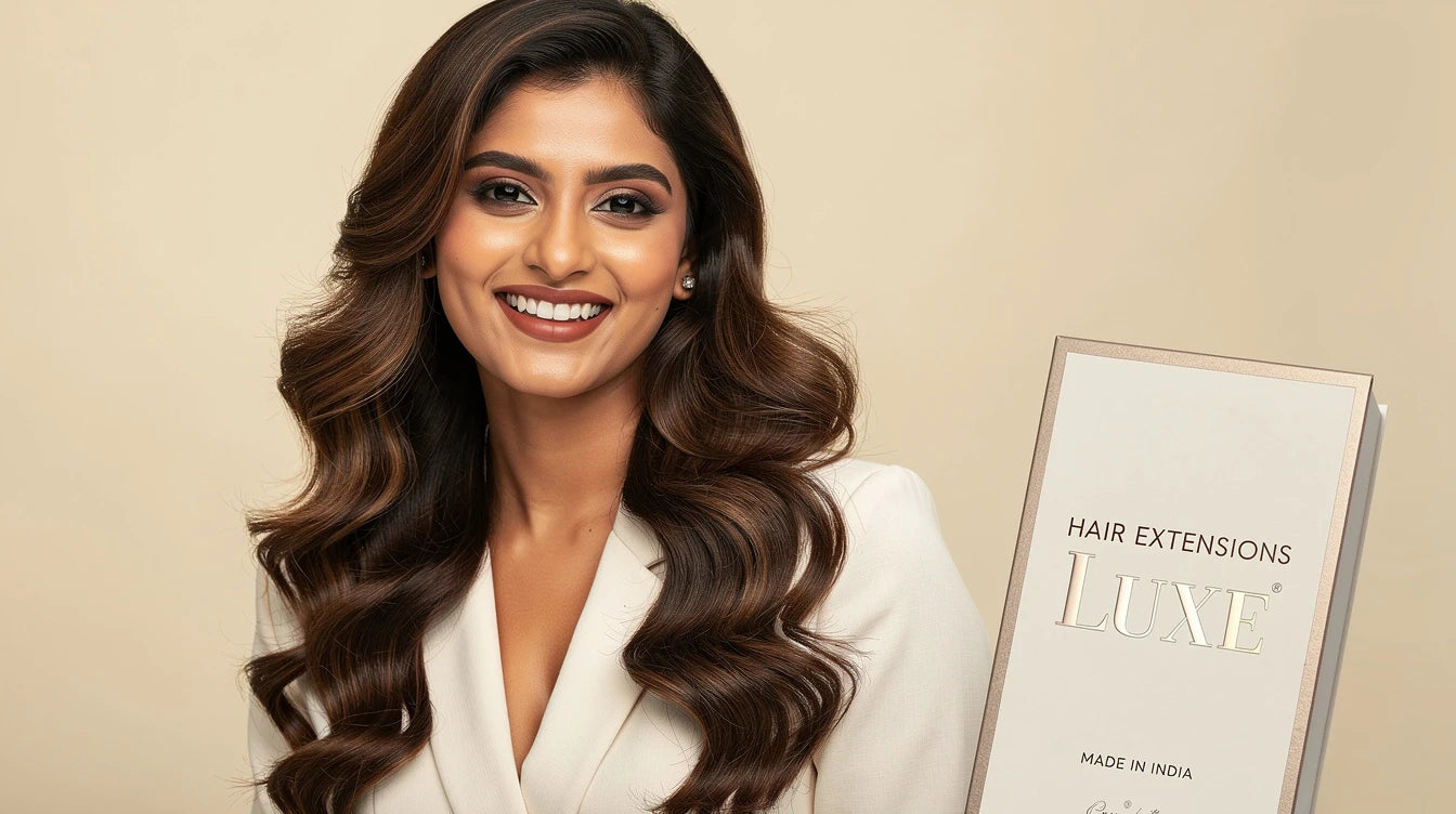 Indian woman with Bouncy Blowout Waves for birthday celebration, Hair Extensions Luxe Made in India
