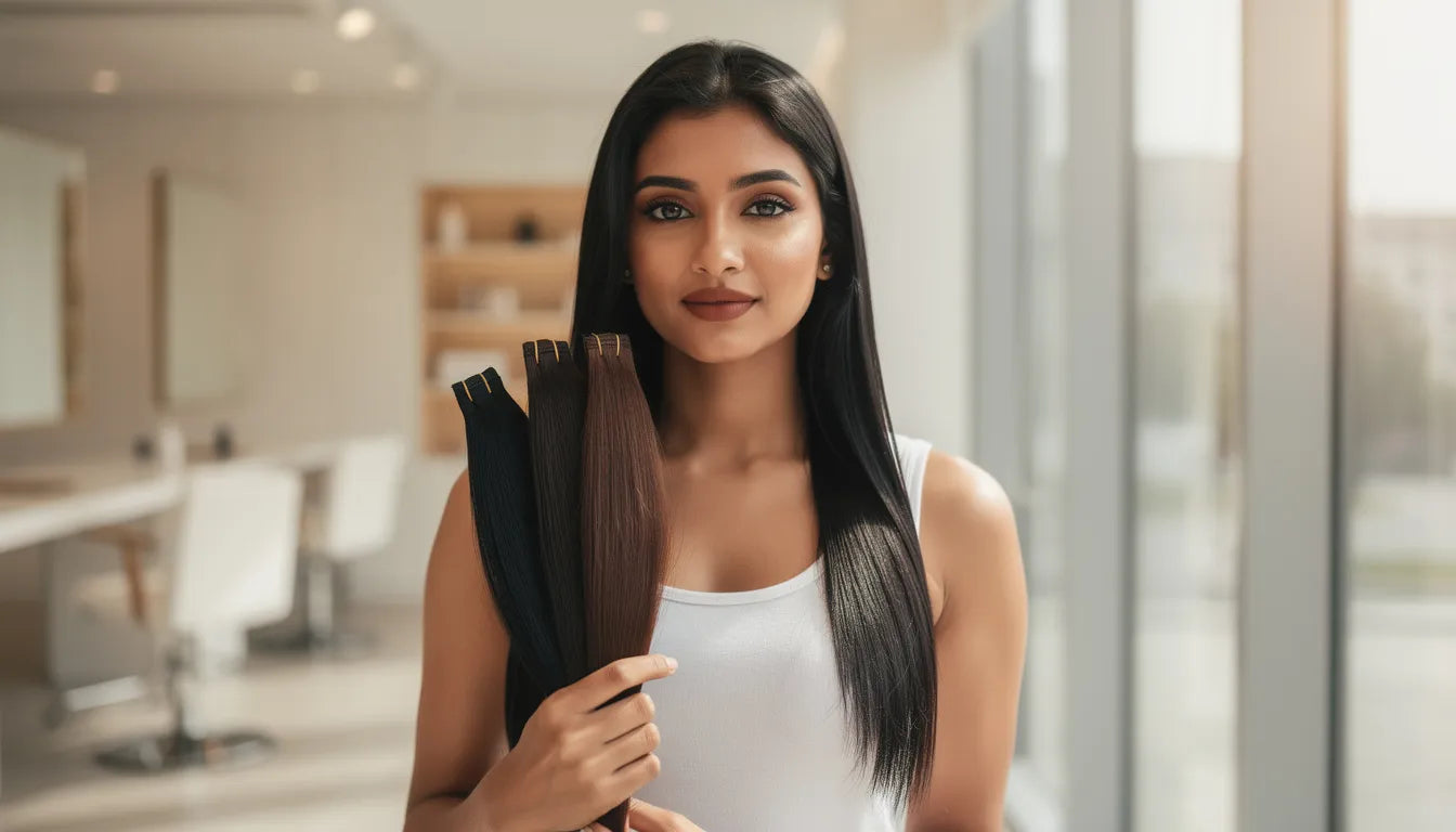 Hair extension colour matching guide — comparing jet black natural black and dark brown extension shades against natural Indian hair | Hair Extensions Luxe