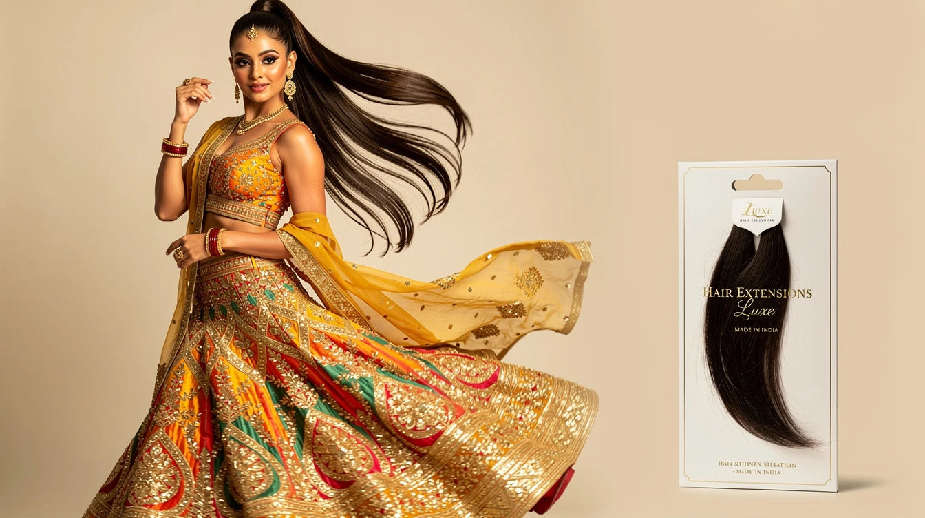 Indian woman with High Sporty Ponytail for sangeet night dance, Hair Extensions Luxe Made in India