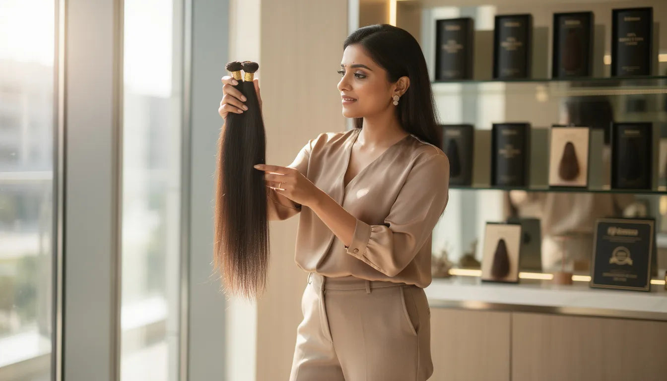 How to choose the best hair extensions brand in India — woman evaluating extension quality in a boutique | Hair Extensions Luxe
