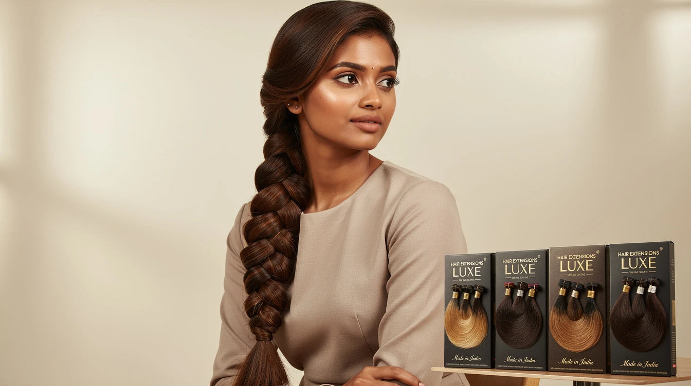 Indian woman with Thick Traditional Side Braid for braided styling, Hair Extensions Luxe Made in India
