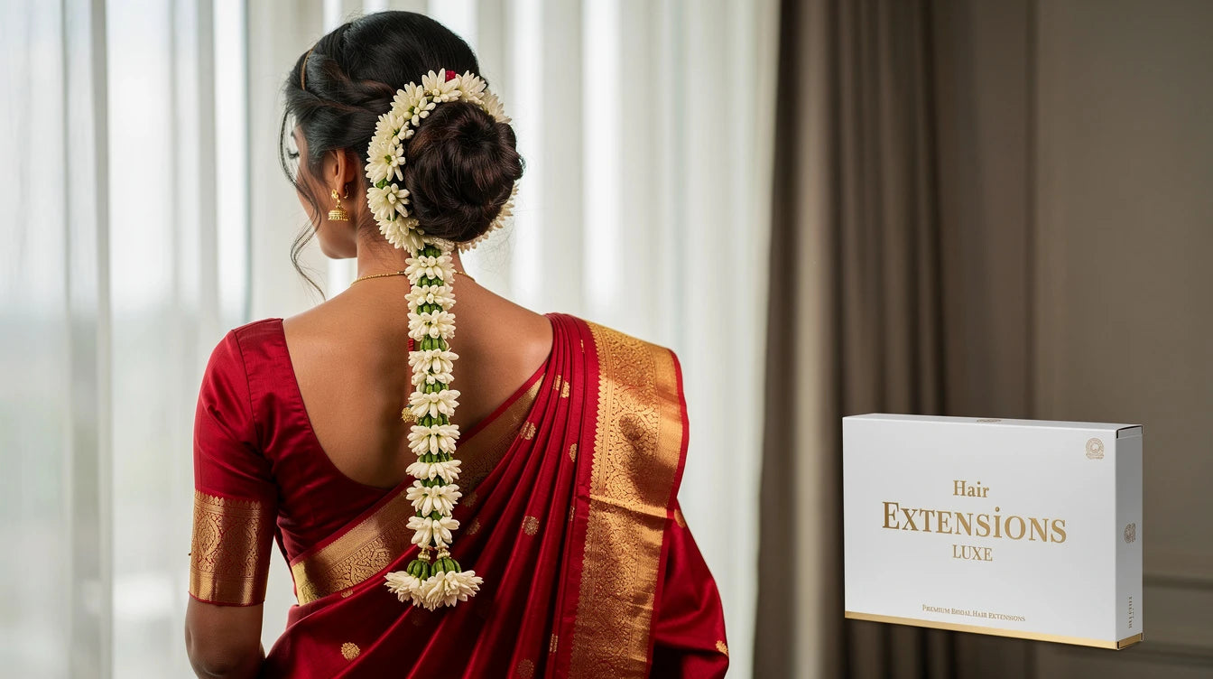 South Indian woman with low messy bun and mogra gajra in Kanjivaram saree, Hair Extensions Luxe branding