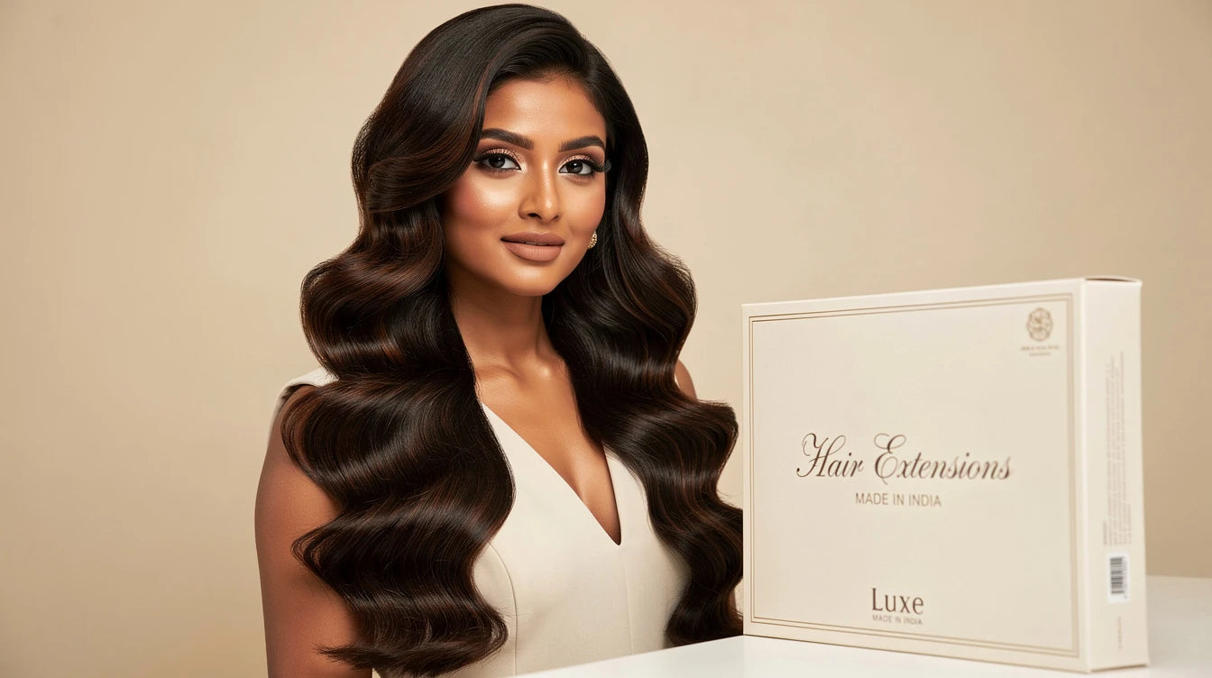 Indian woman with Hollywood Cascade for reception glam, Hair Extensions Luxe Made in India