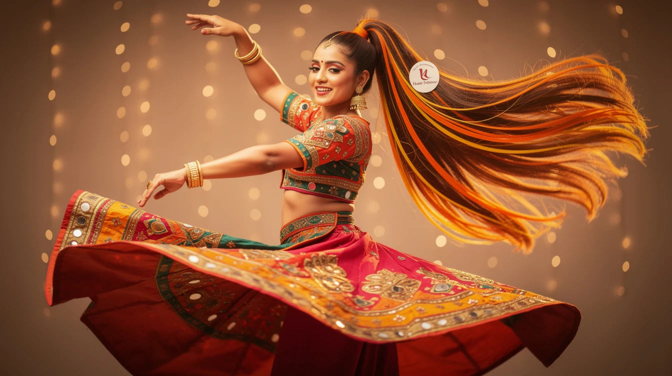 Navratri garba high ponytail with orange streaks, Hair Extensions Luxe branding
