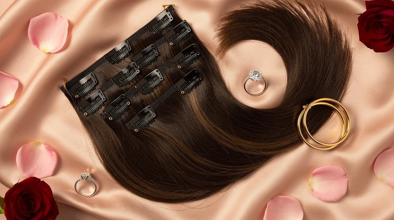 Hair extensions for engagement ceremony India — clip-in extensions and accessories on pink silk with engagement jewellery | Hair Extensions Luxe