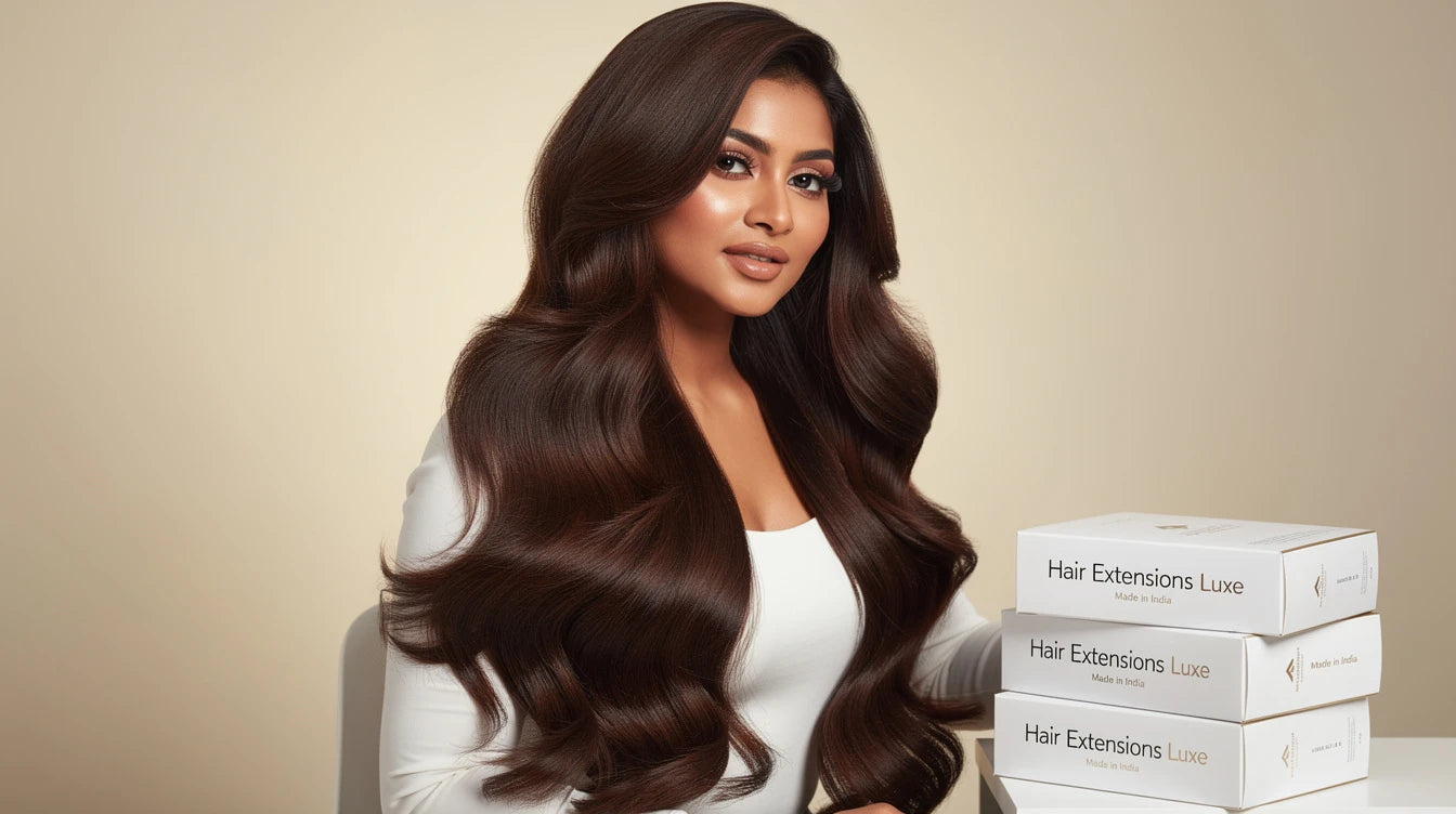 Indian woman with Maximum Volume Cascade for Instagram-ready photo shoots, Hair Extensions Luxe Made in India