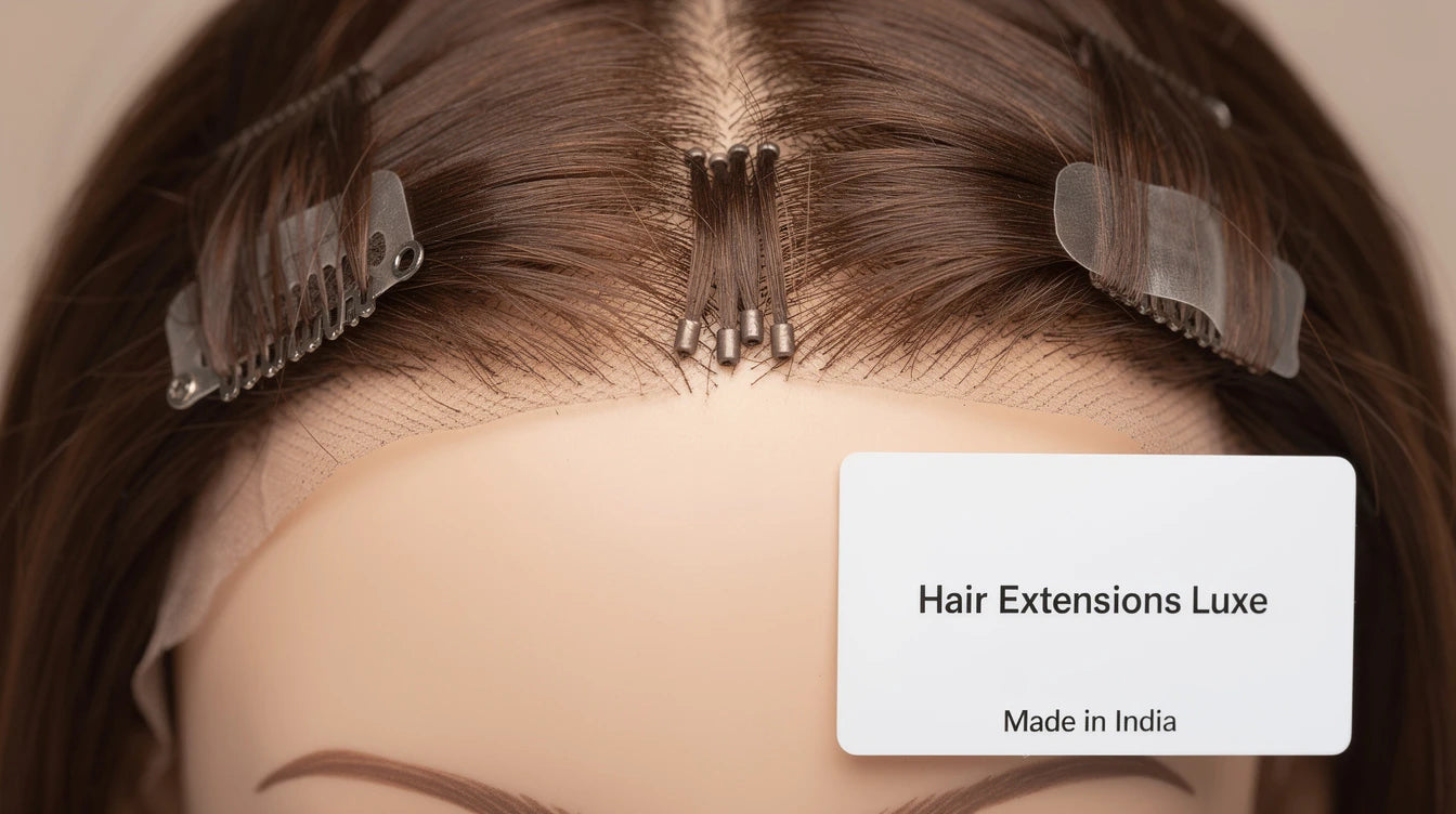 V-shape volumizer, nano tip, and tape-in extensions on fine hair showing minimal profile, Hair Extensions Luxe Made in India