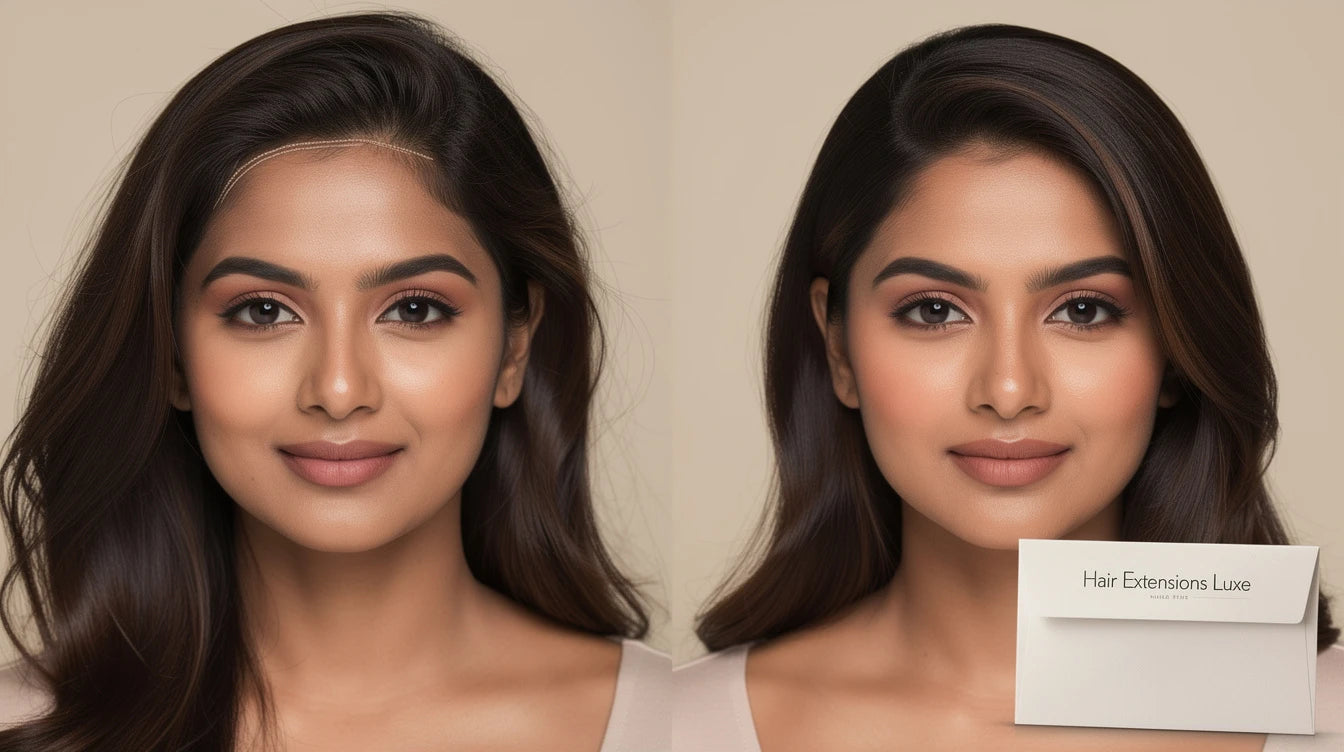 Before and after frontline hair extensions on Indian woman correcting forehead thinning with Hair Extensions Luxe branding