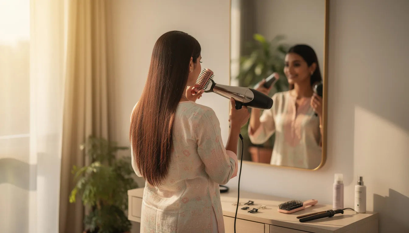 Indian woman styling hair extensions at home — easy everyday looks with blow dryer and round brush | Hair Extensions Luxe