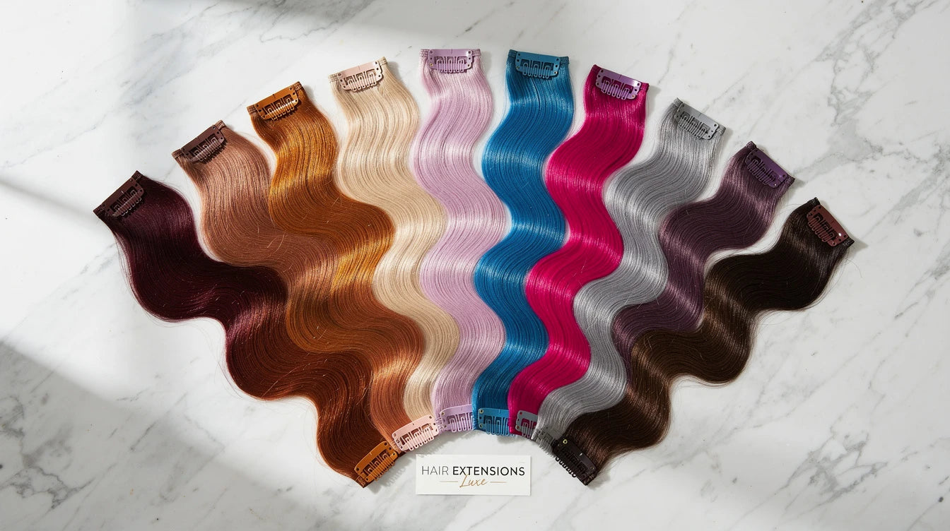 12 colours of clip-in hair streaks fanned out on white marble with Hair Extensions Luxe branded tag