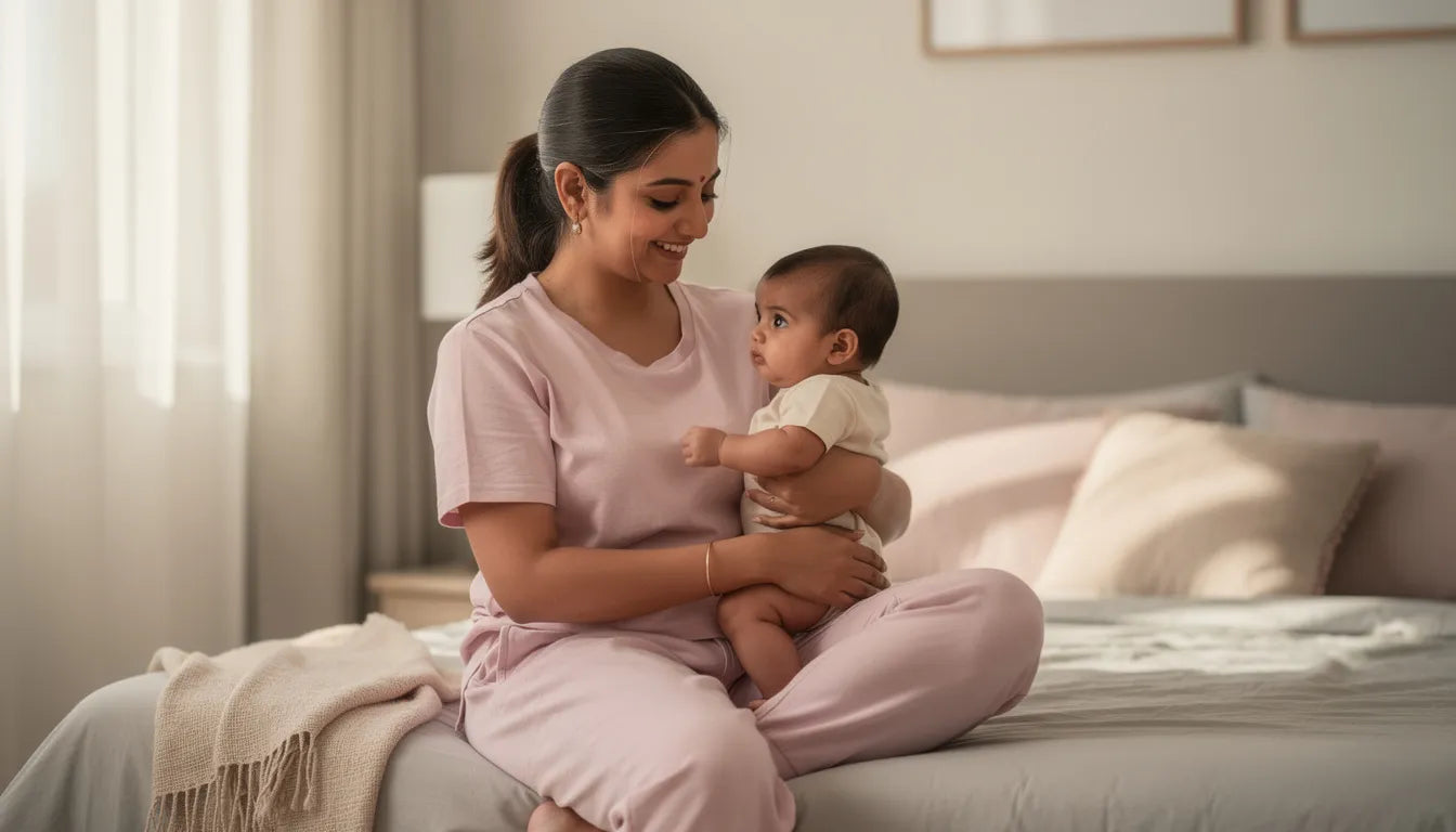 Young Indian mother with baby — postpartum hair loss timeline showing when shedding starts peaks and stops | Hair Extensions Luxe