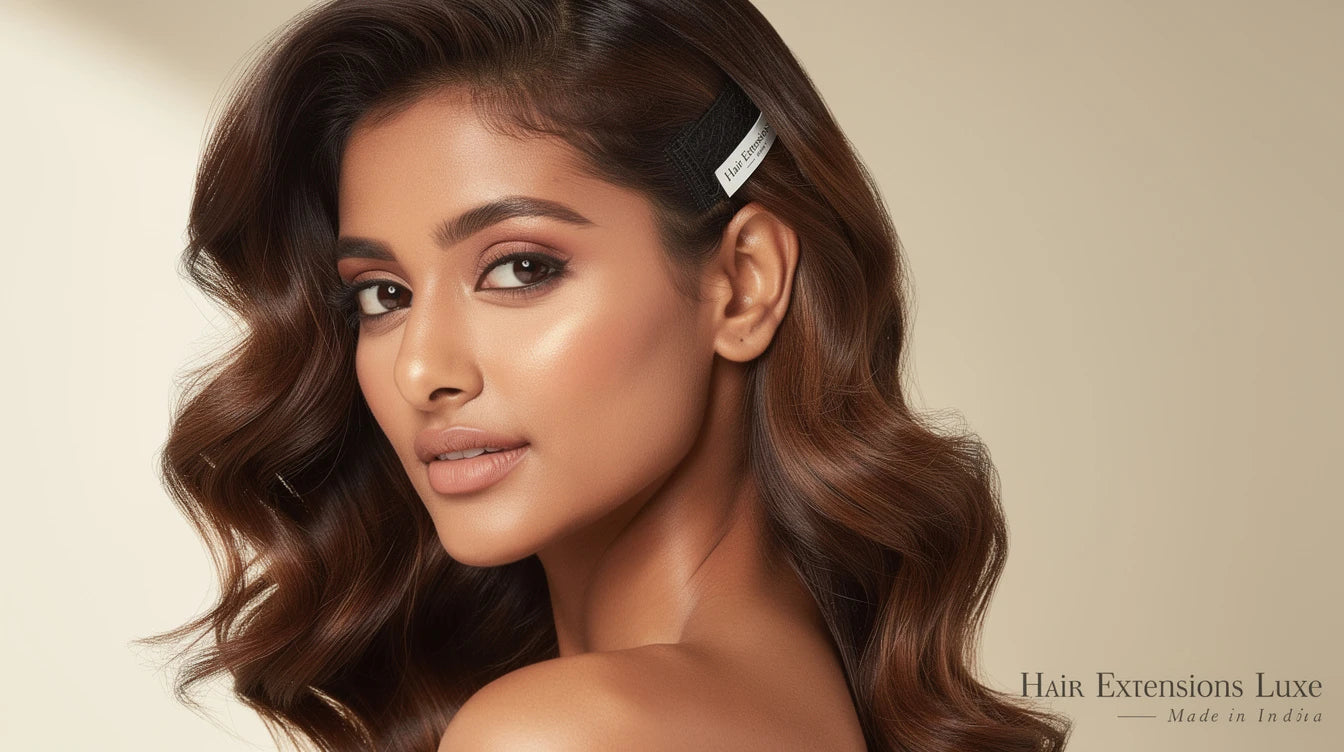 Indian woman with wavy hair and matched body-wave volumizer, Hair Extensions Luxe Made in India