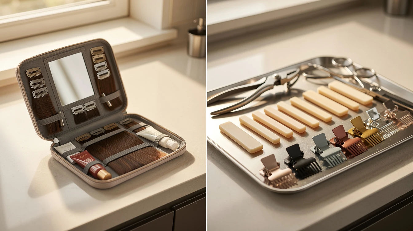 Clip-in vs permanent hair extensions comparison — temporary clip-in method and salon bonded method side by side | Hair Extensions Luxe