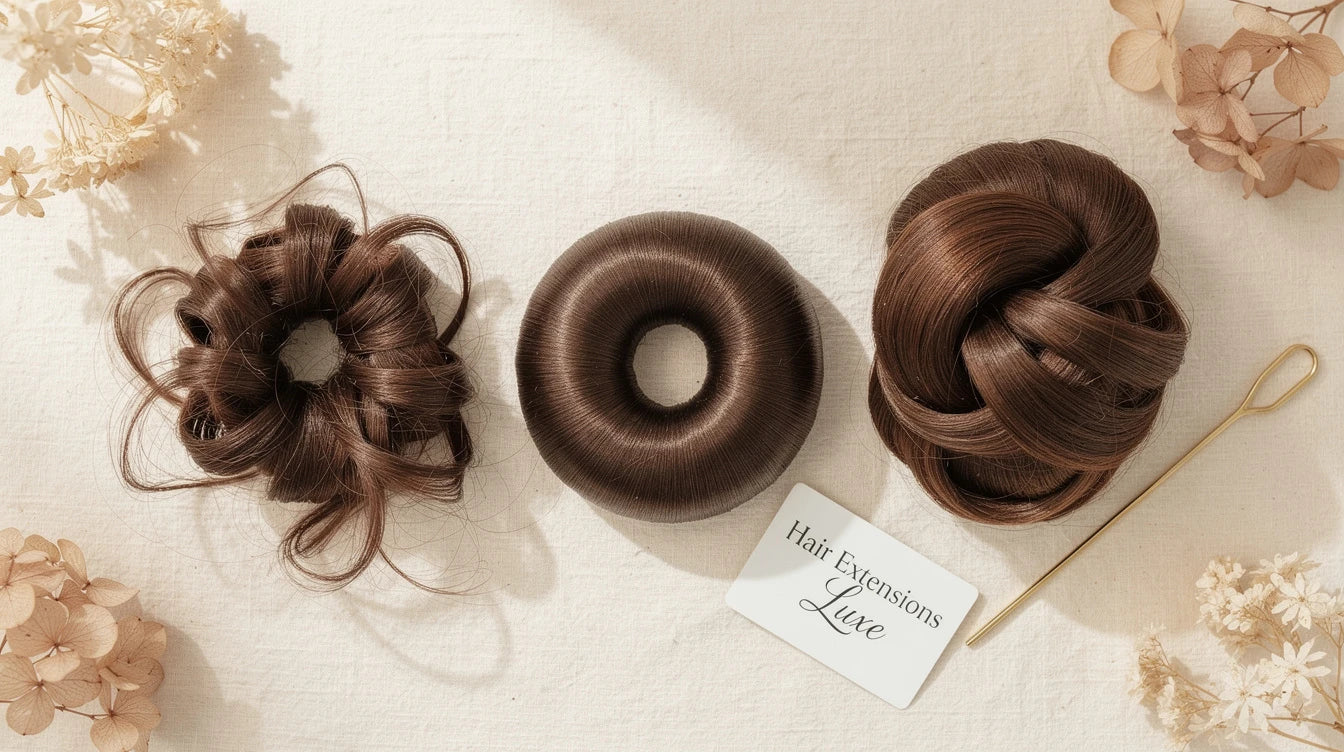 Three hair bun extension styles — messy, donut, classic chignon — with Hair Extensions Luxe branded tag