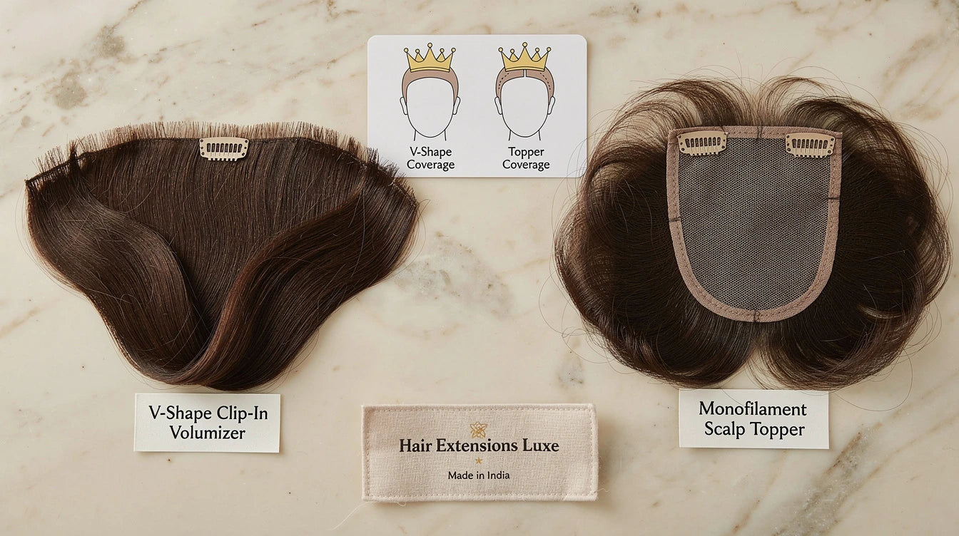 V-shape volumizer vs scalp topper comparison with coverage diagram, Hair Extensions Luxe Made in India