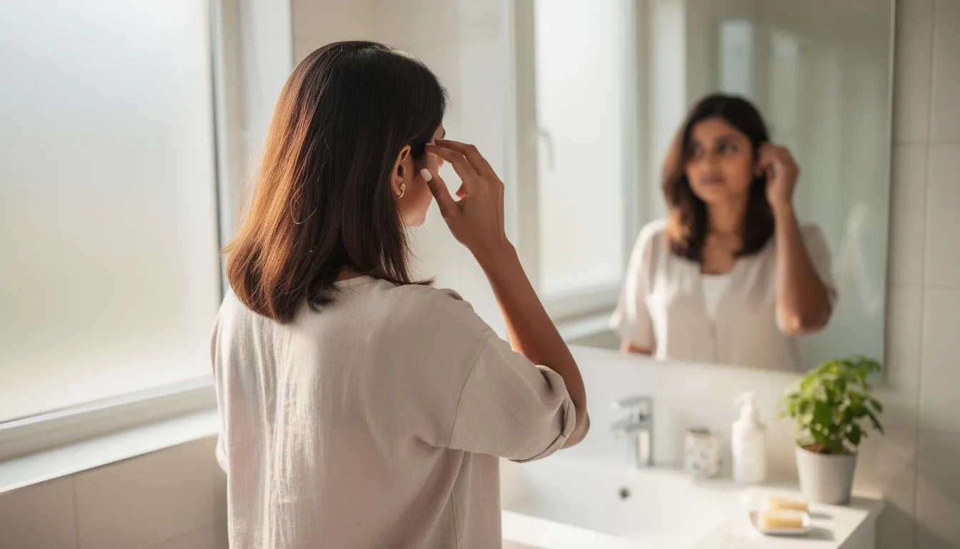Indian woman with PCOS-related hair thinning examining her parting — PCOS hair loss regrowth guide | Hair Extensions Luxe