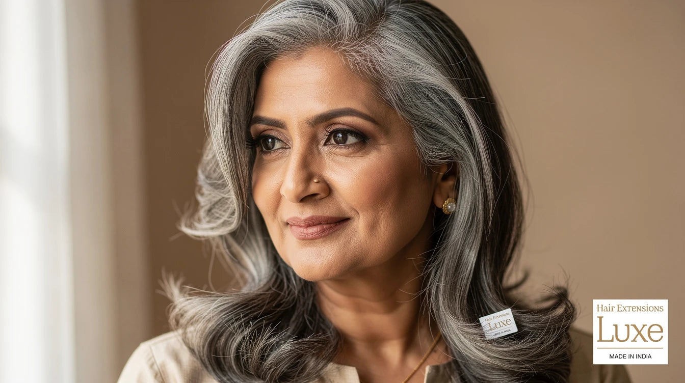Woman with blended salt-and-pepper extensions, Hair Extensions Luxe Made in India