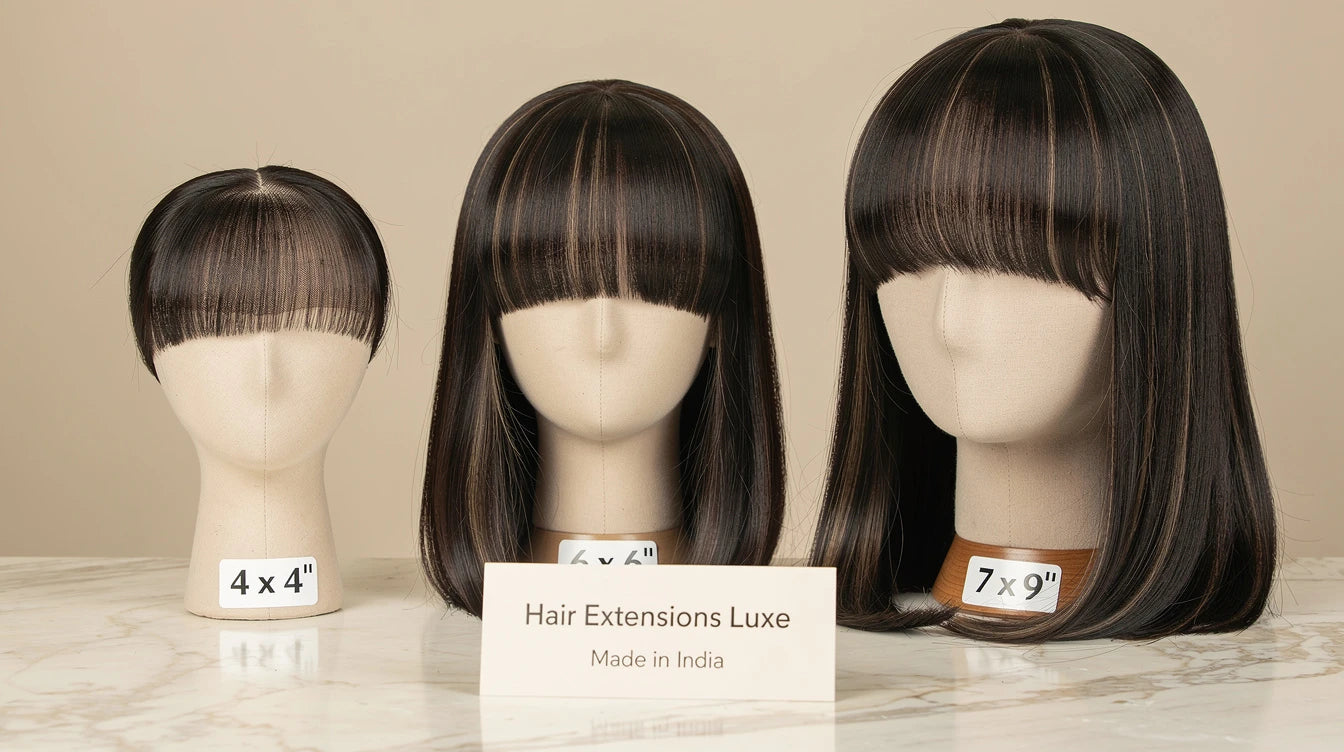 Three scalp topper sizes 4x4, 6x6, 7x9 on mannequin heads, Hair Extensions Luxe Made in India