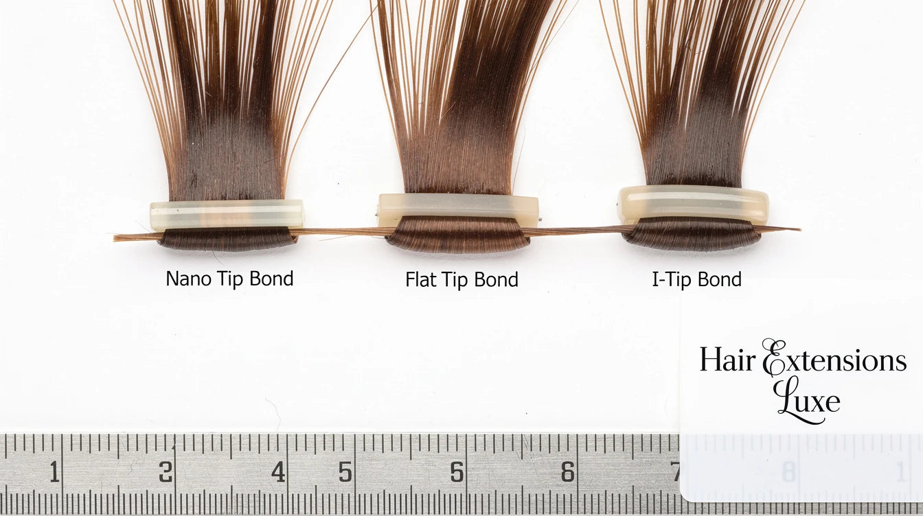 Nano tip vs flat tip vs i-tip keratin bond extensions magnified comparison with Hair Extensions Luxe branding