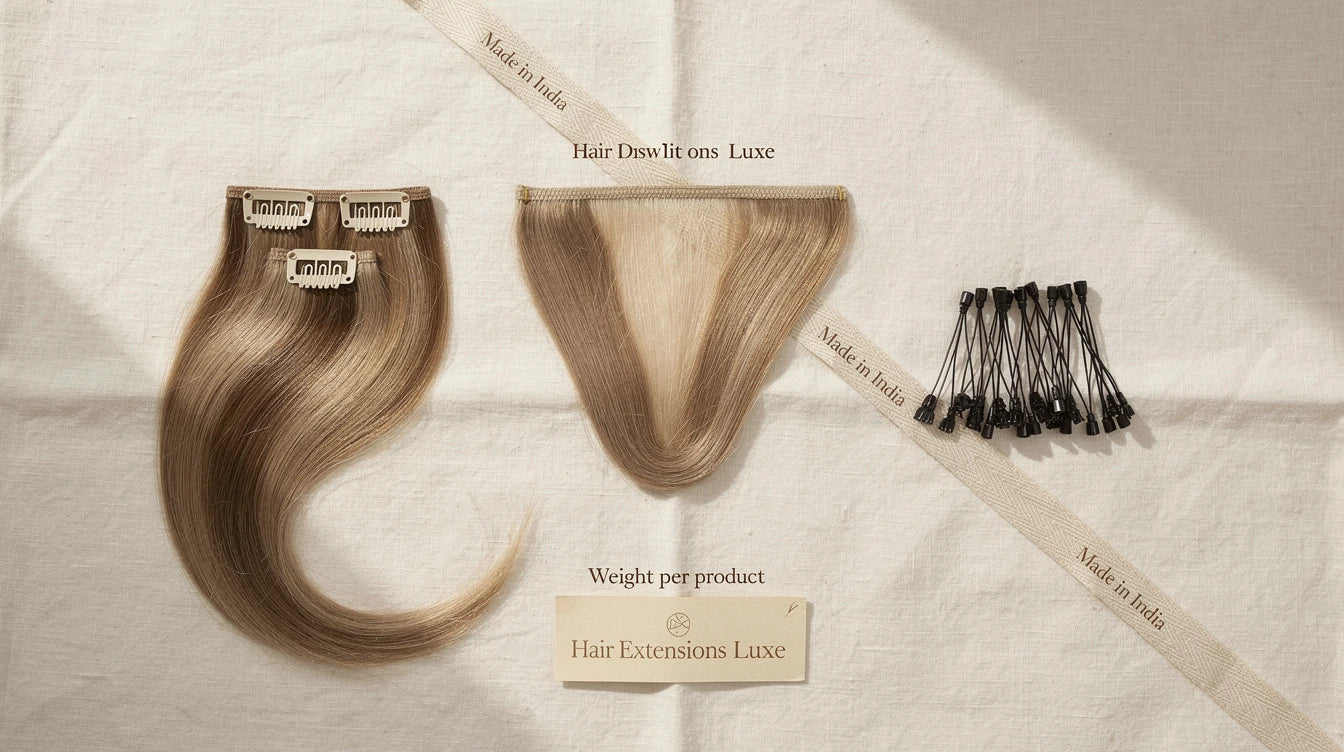 Three lightweight Hair Extensions Luxe products for fine hair with weight cards, Made in India ribbon