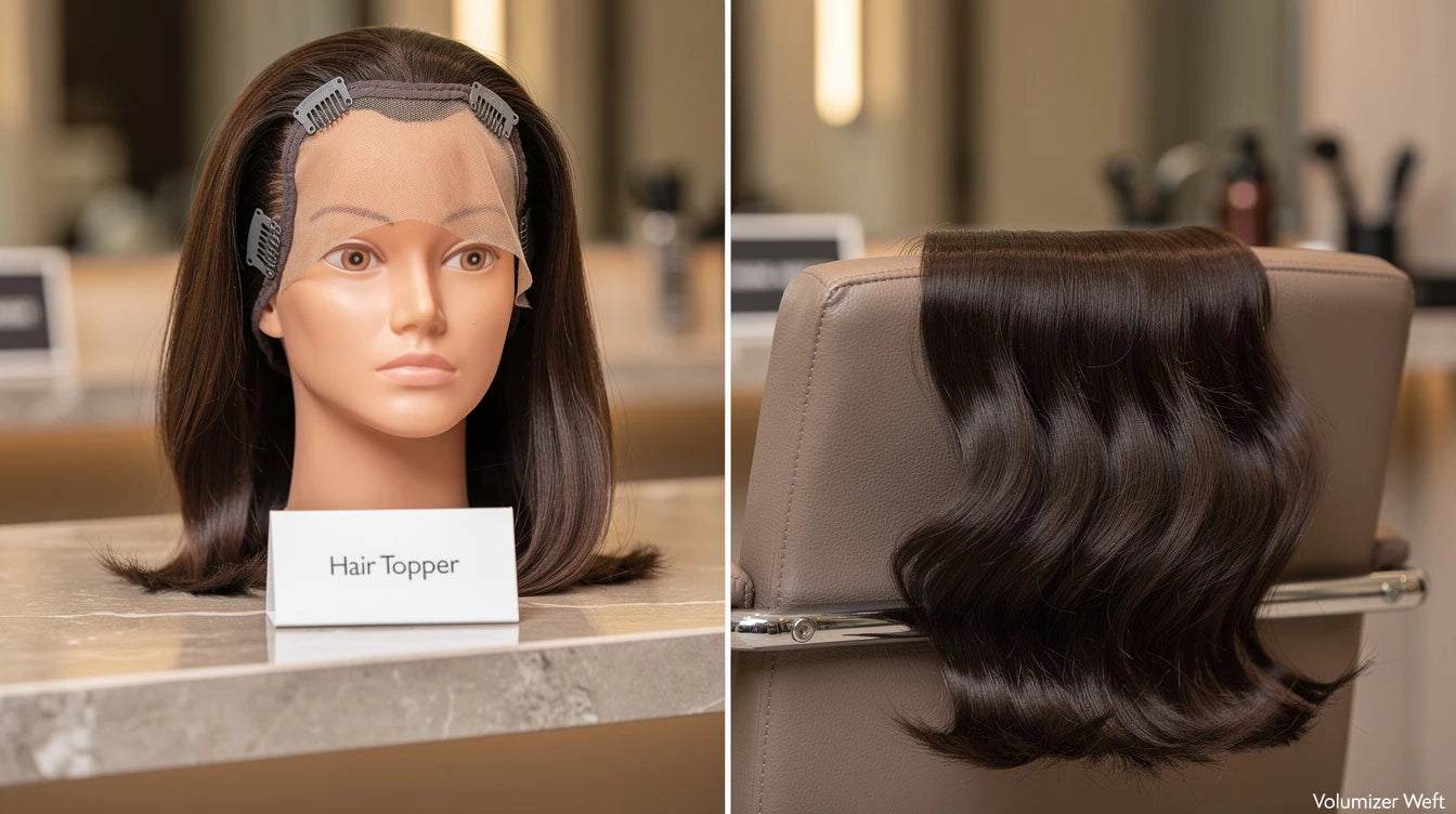 Hair topper vs volumizer comparison — topper covering crown thinning and volumizer adding volume for Indian women | Hair Extensions Luxe