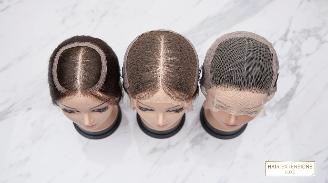 Three scalp toppers for crown thinning — monofilament, silk top, lace base — on mannequin heads with Hair Extensions Luxe branding