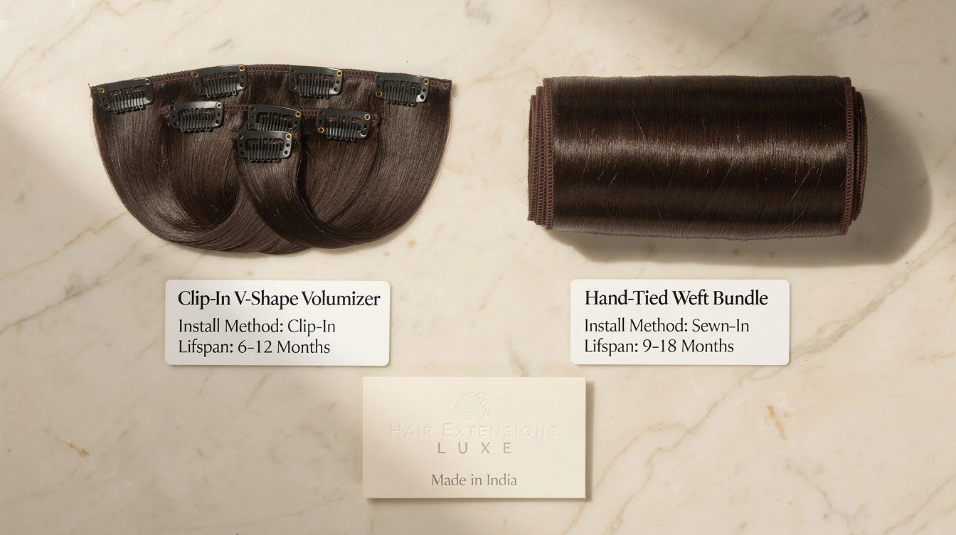 Clip-in volumizer vs hand-tied weft comparison flat-lay, Made in India