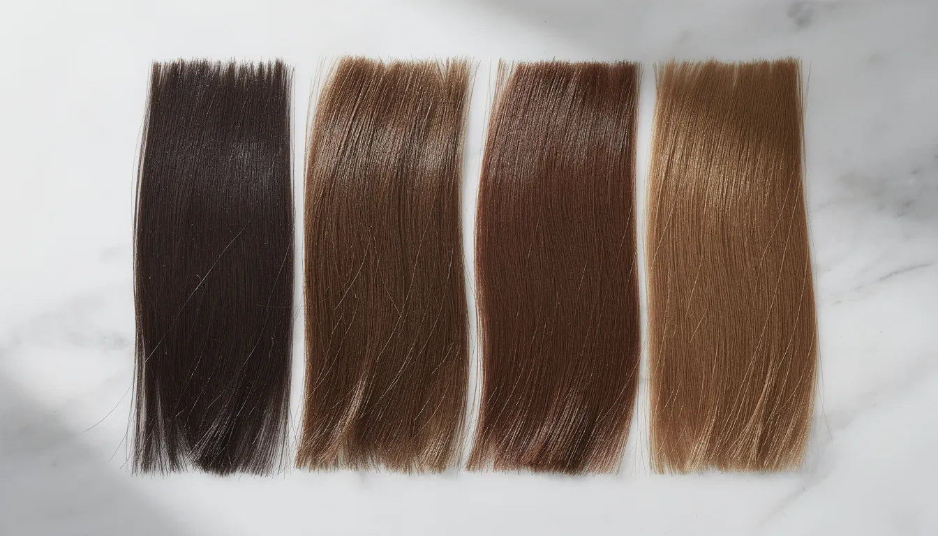 Brown hair extensions India shade guide — four brown shades from darkest brown #2 to light brown #8 on white marble | Hair Extensions Luxe