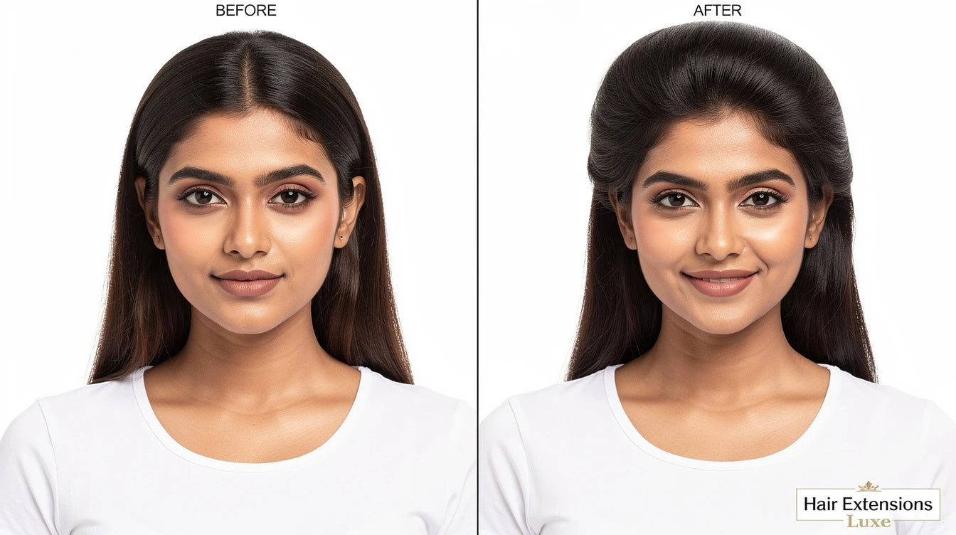 V-shape clip-in volumizer before and after on Indian woman showing instant crown volume, Hair Extensions Luxe branding