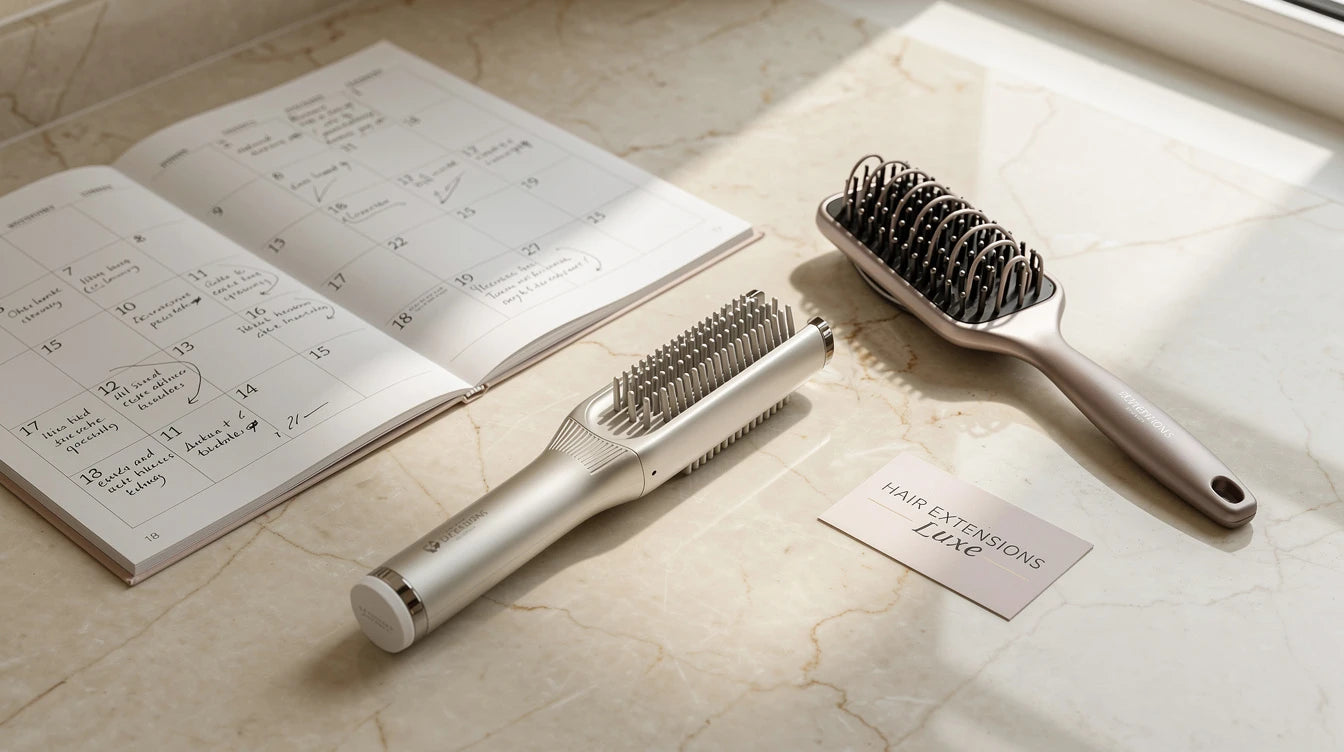 18-month calendar with V-shape volumizer and loop brush showing extension lifespan, Made in India branded