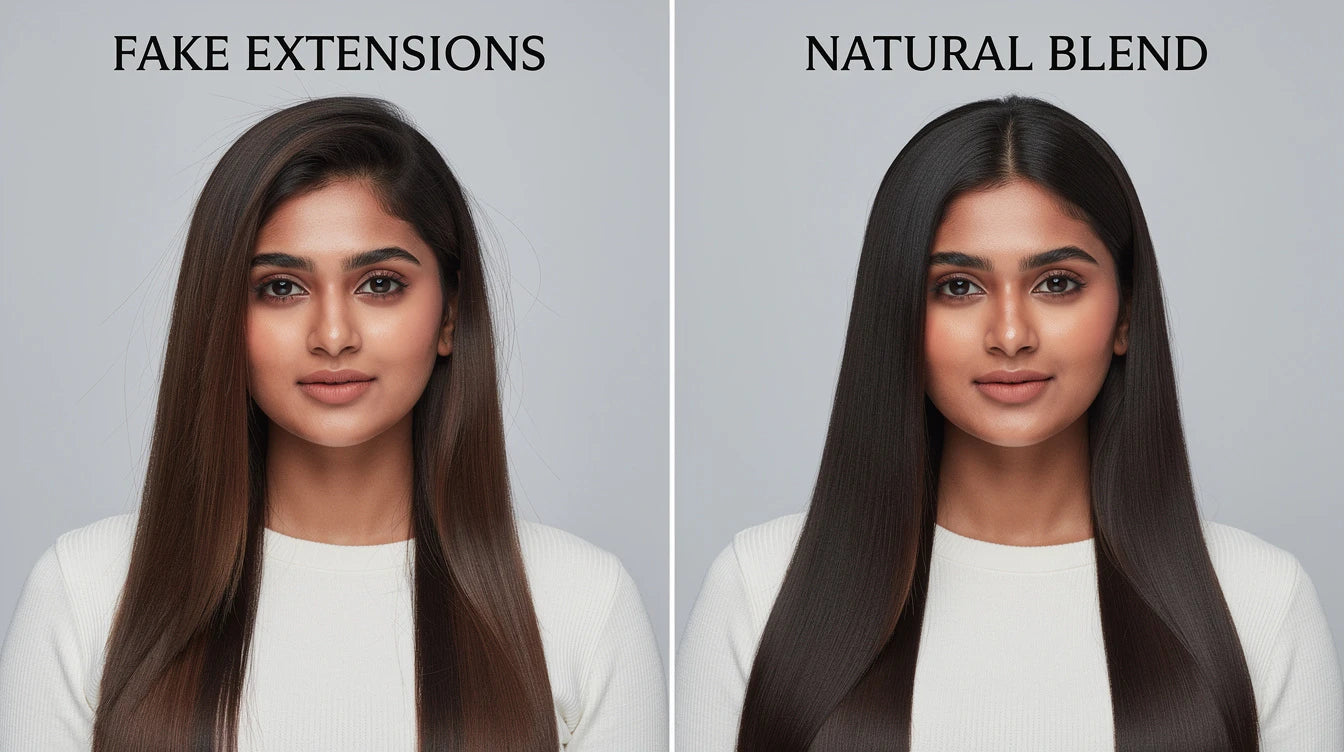 Why hair extensions look fake vs natural — comparison showing blending mistakes and fixes | Hair Extensions Luxe