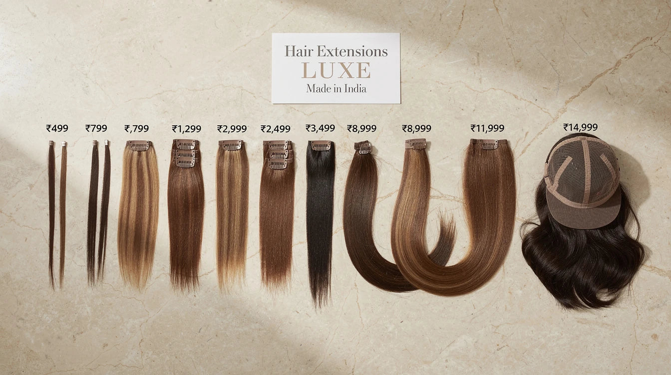 12 Hair Extensions Luxe products arranged by price with labels, Made in India catalogue flat-lay