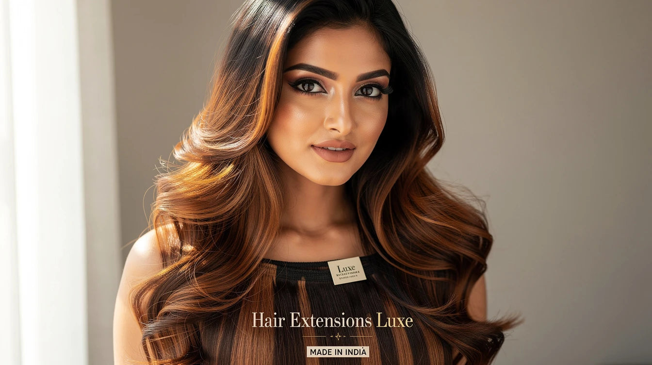 Woman with caramel ombre clip-in extensions, Hair Extensions Luxe Made in India