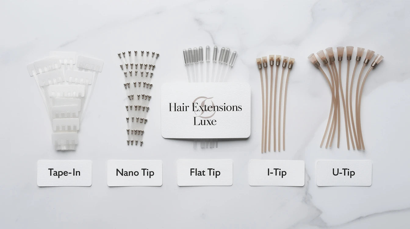 Five permanent hair extension types — tape-in, nano tip, flat tip, I-tip, U-tip — side by side with Hair Extensions Luxe branding