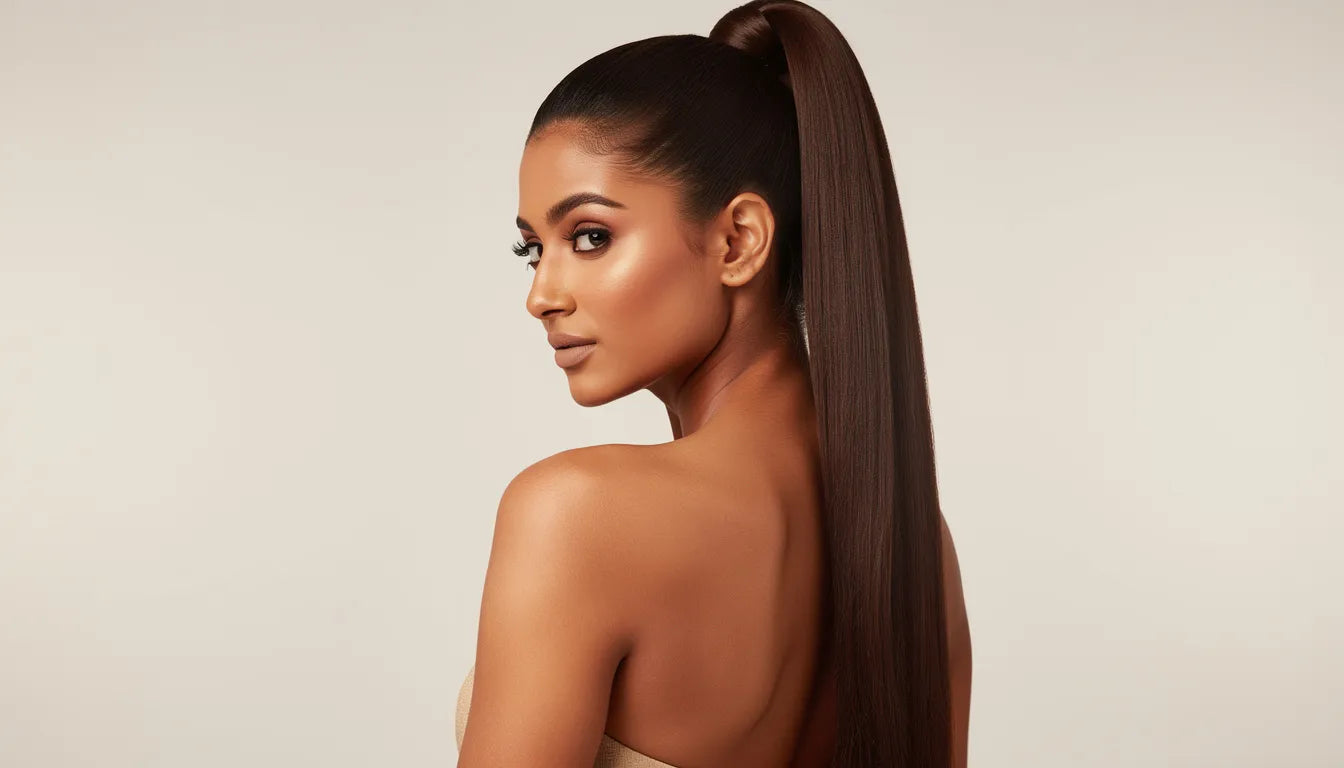 Ponytail hair extensions for instant length and volume — sleek high ponytail on Indian woman showing fullness from root to tip | Hair Extensions Luxe