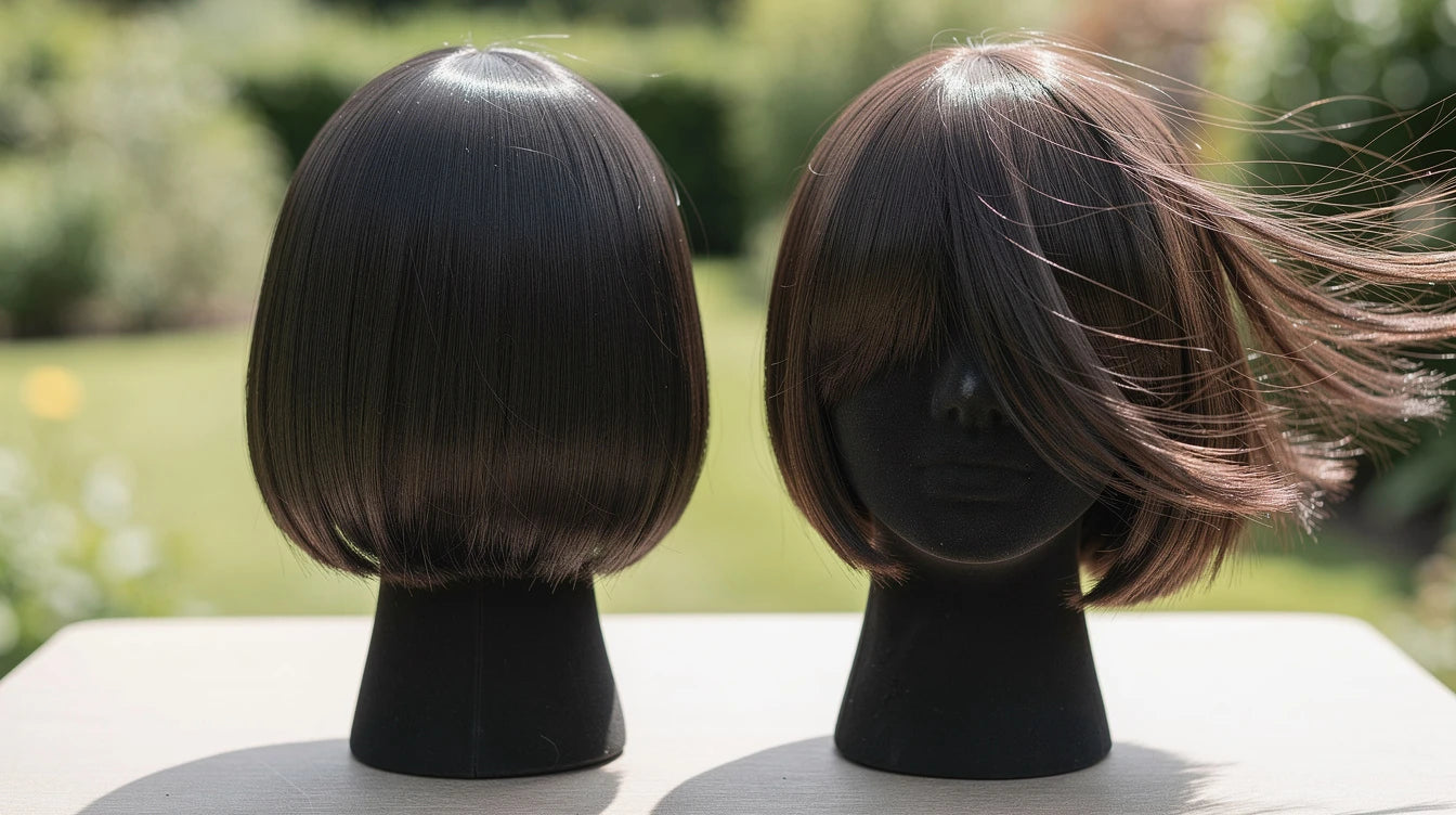 Synthetic vs human hair wig comparison showing texture and appearance differences on display stands | Hair Extensions Luxe