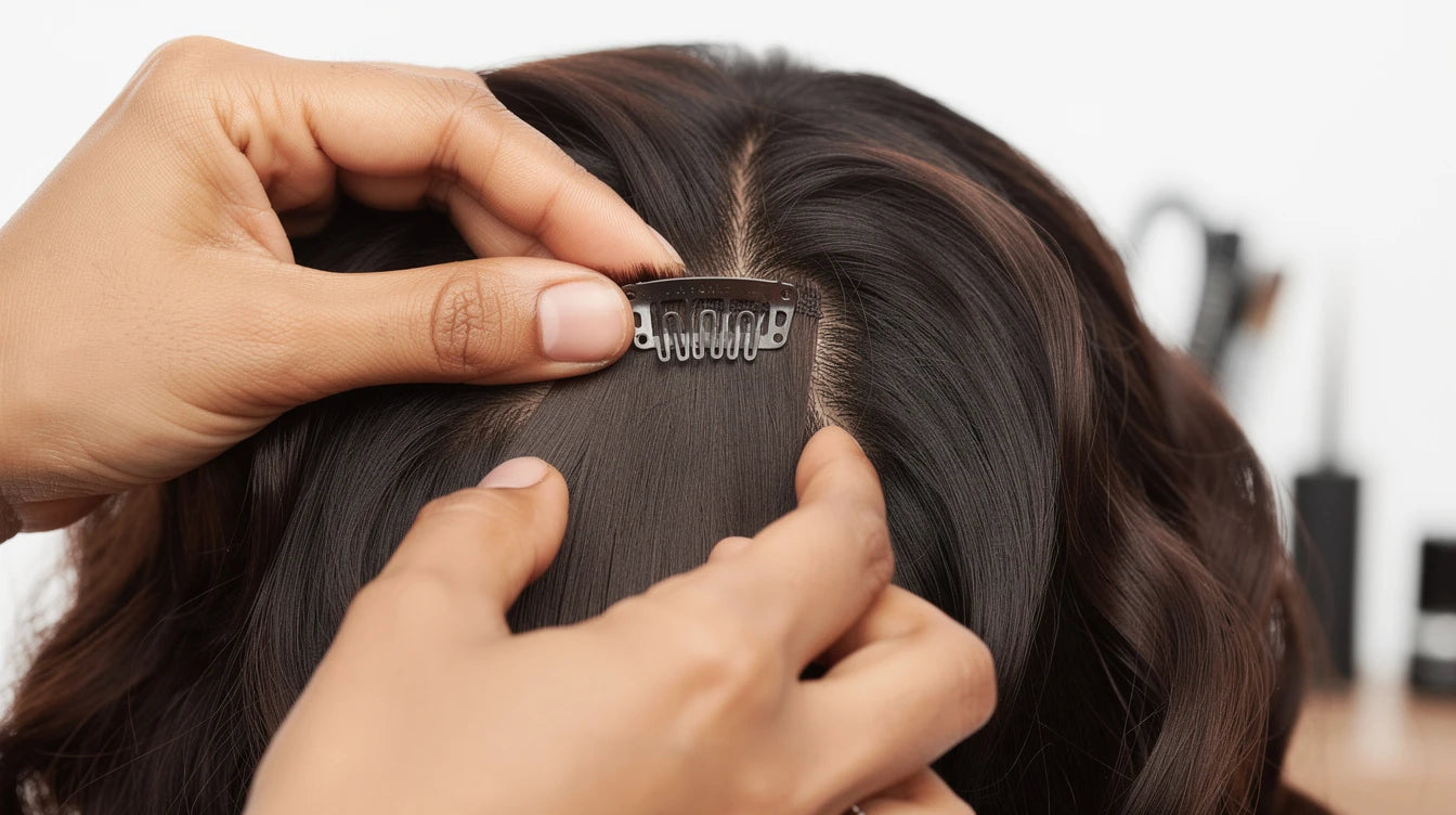 Woman securing clip-in hair extension at roots to prevent slipping | Hair Extensions Luxe