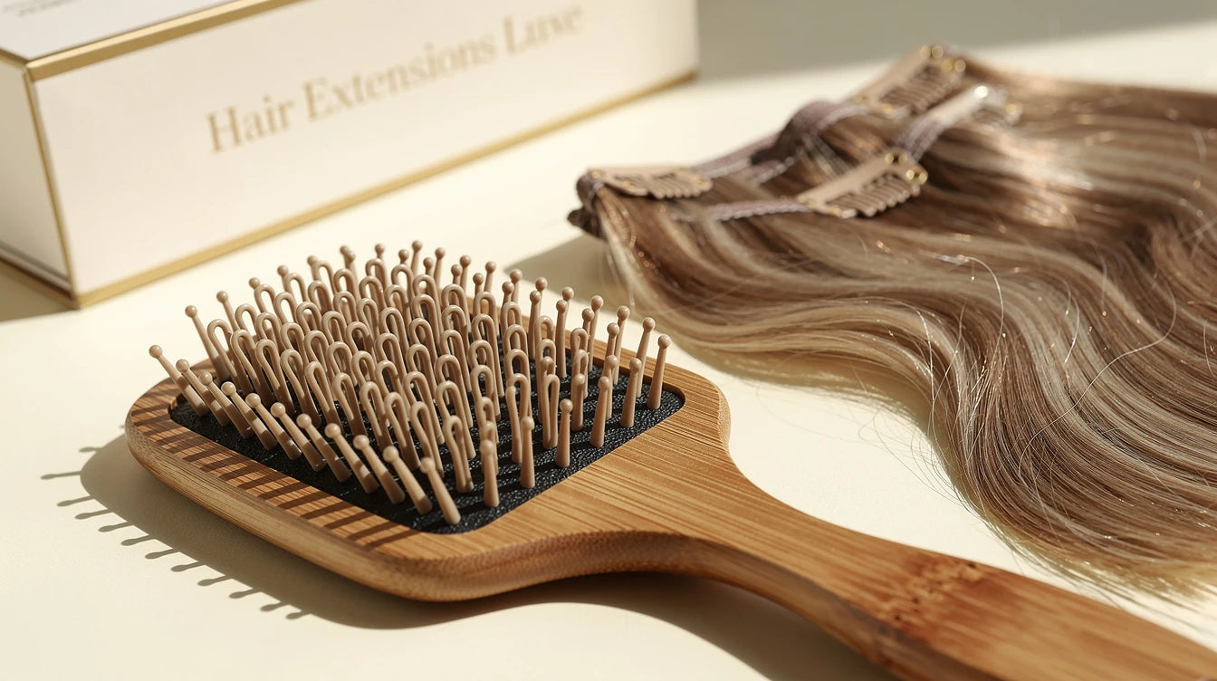 Wooden loop brush for hair extensions with clip-in set showing looped bristle ends, Hair Extensions Luxe branding