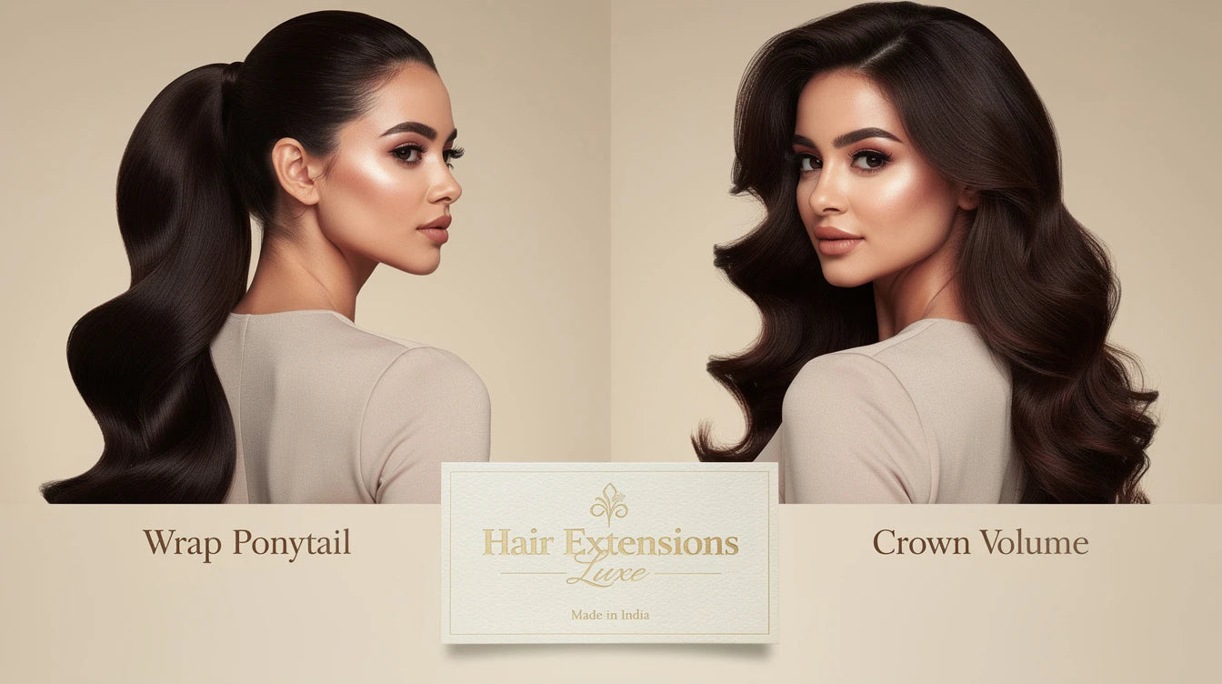 Ponytail extension vs clip-in volumizer side-by-side, Made in India
