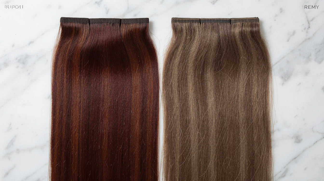Hair extension colour fading comparison — vibrant vs faded extension wefts | Hair Extensions Luxe