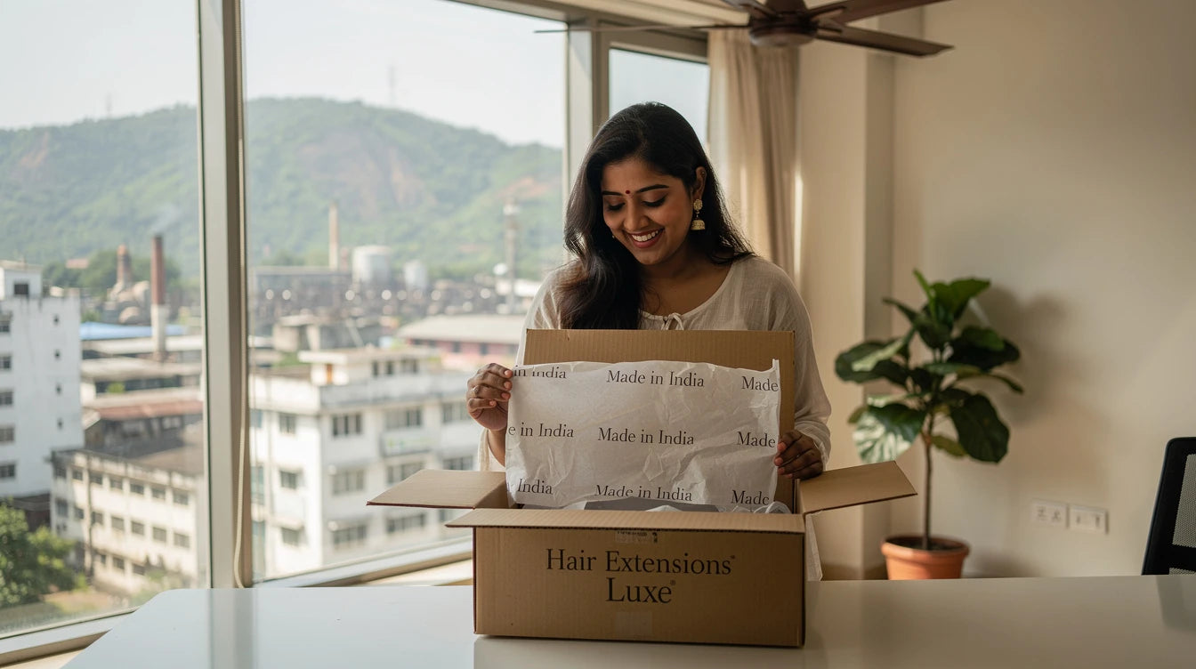 Coimbatore customer unboxing Hair Extensions Luxe delivery with Made in India branding