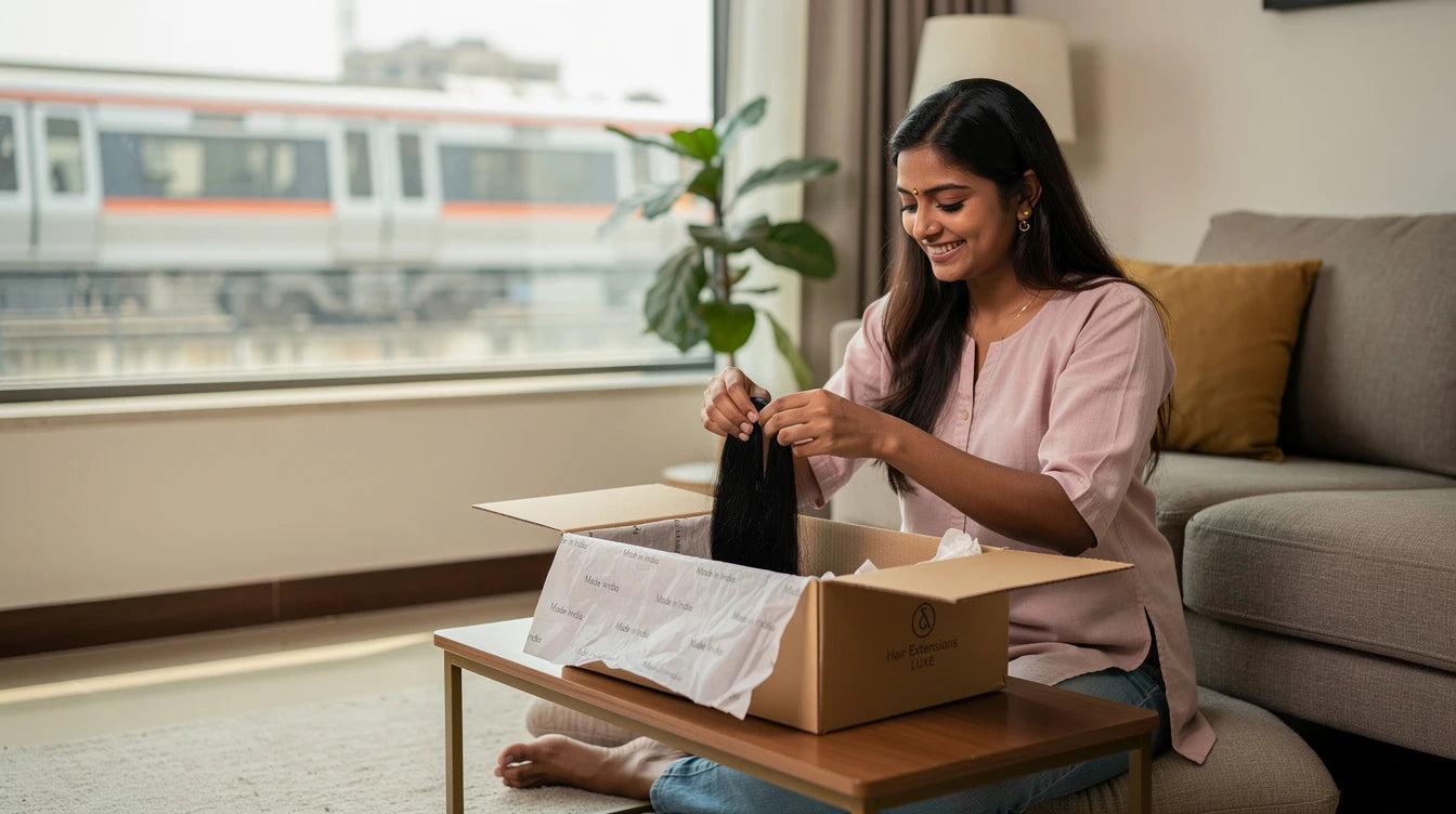 Dwarka West Delhi customer unboxing Hair Extensions Luxe delivery with Made in India branding