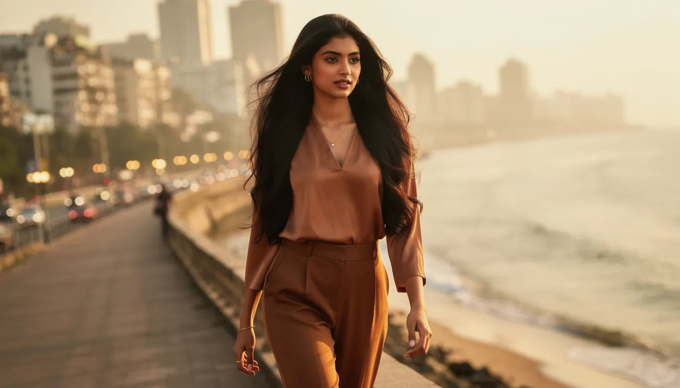 Hair extensions in Mumbai — a confident woman with voluminous extensions against the Marine Drive skyline | Hair Extensions Luxe
