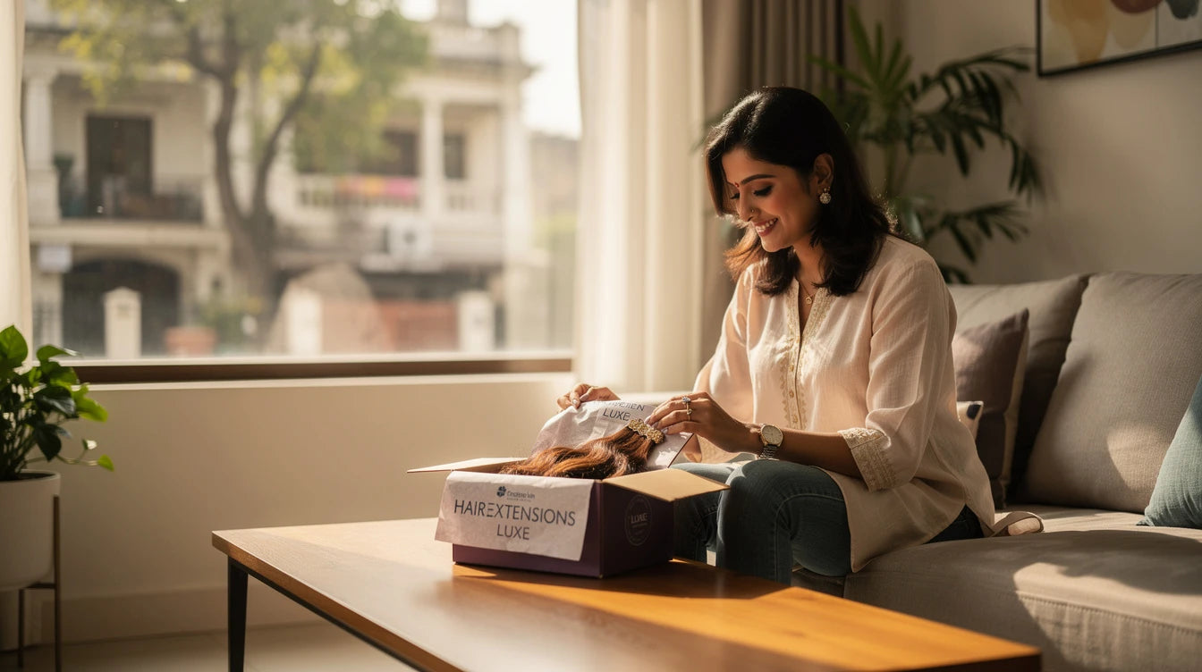 South Delhi customer unboxing Hair Extensions Luxe delivery with Made in India branding