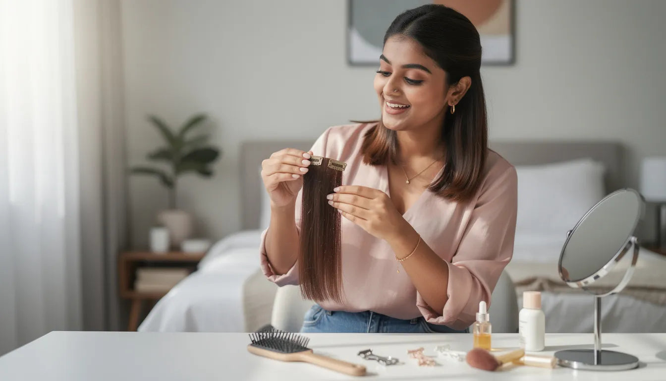 Clip in hair extensions beginners — a first-time buyer examining a clip-in extension piece at her vanity mirror | Hair Extensions Luxe